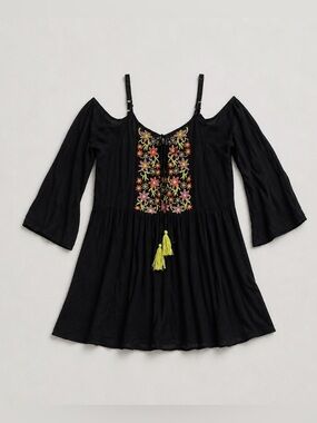 Exist Black Cold-Shoulder Dress with Multicolor Floral Embroidery